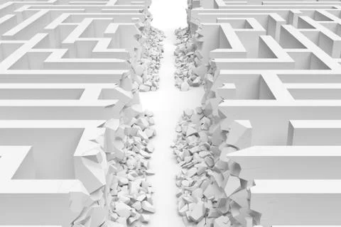 3d rendering of a white maze in front bottom view cut in straight line in half Illustration