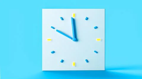 3d rendering of a white minimal clock in a square shape on a blue background Stock Illustration