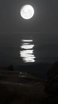 3D rendering of the white moon shining in the sky over the ocean at night Ilustração Stock