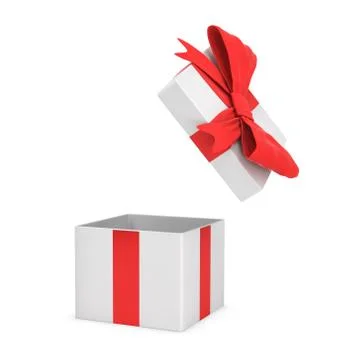 3d rendering of a white open gift box tied with a red bow on white background 스톡 일러스트