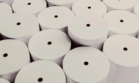 3D rendering of white paper rolls industrial factory production. 스톡 일러스트