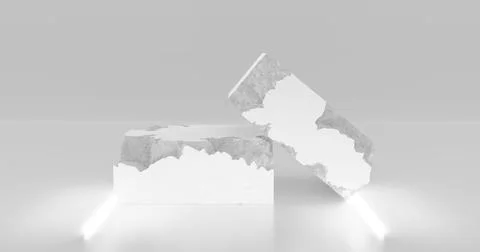 3d rendering. White pieces of stone wall with broken textured edges in neon w Stock Illustration
