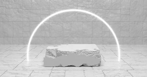 3d rendering. White pieces of stone wall with broken textured edges in neon w Stock Illustration