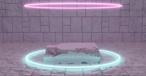 3d rendering. White pieces of stone wall with broken textured edges in neon l Stock Illustration