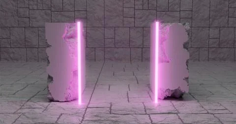 3d rendering. White pieces of stone wall with broken textured edges in neon l Stock Illustration