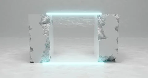 3d rendering. White pieces of stone wall with broken textured edges in neon l Stock Illustration