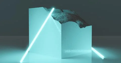 3d rendering. White pieces of stone wall with broken textured edges in neon l Stock Illustration