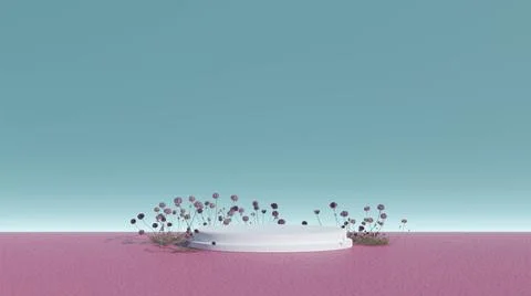 3d rendering of a white platform with pink flowers and floor. Trending colors Stock Illustration