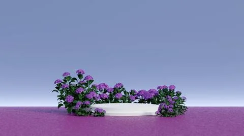 3d rendering of a white platform with purple hydrangeas and floor. Trending Stock Illustration