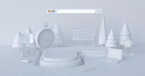 3d rendering of white podium and website icon. Stock Illustration