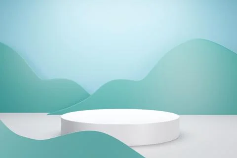 3d rendering of white podium with green cloud or plant pastel color backgroun Stock Illustration