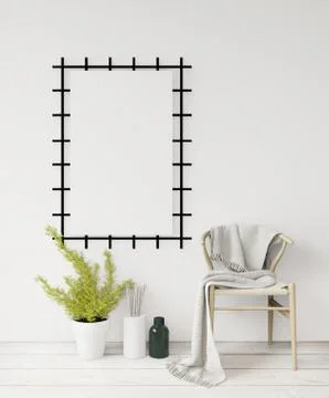 3d rendering white Poster frame mockup on the white wall ,wooden chair and fl Stock Illustration
