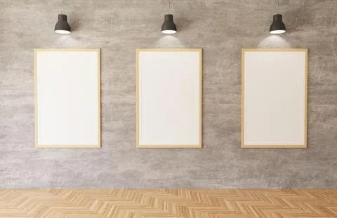3d rendering White posters and frames hanging on the concrete wall background 스톡 사진