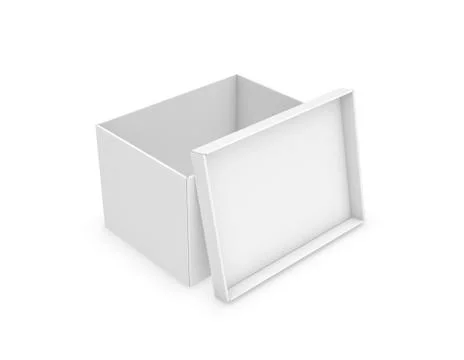 3d rendering of a white rectangle box with a lid leaning on its side on white Stock Illustration