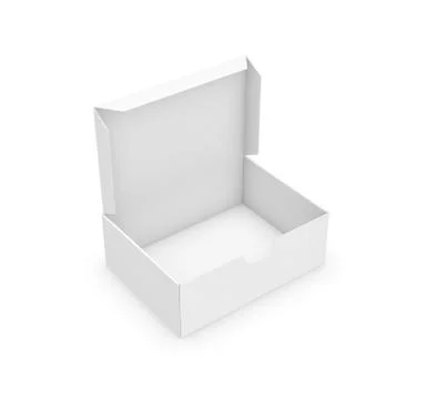 3d rendering of a white rectangular box with an opened attached lid on white Stock Illustration