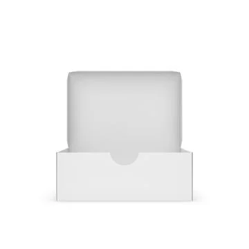 3d rendering of a white rectangular box with an opened attached lid on white Stock-Illustration