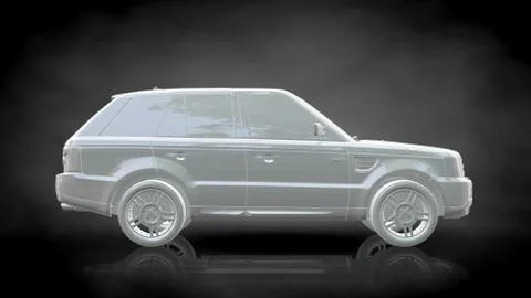 3d rendering of a white reflective car on a dark black background Stock Illustration