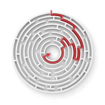 3d rendering of a white round maze with a red arrowed line showing the way out Stock Illustration