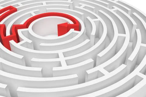 3d rendering of a white round maze with a red arrowed line showing the way out Illustrazione stock
