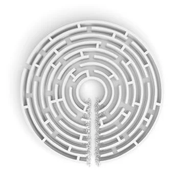 3d rendering of a white round maze with a direct route cut right to the center Stock Illustration