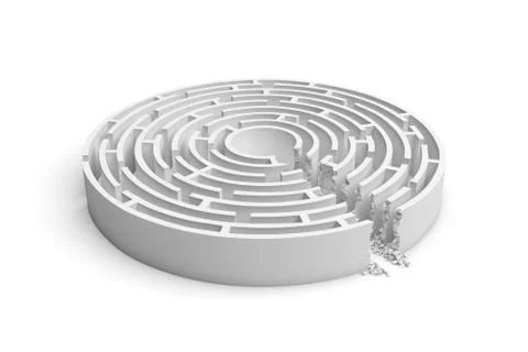 3d rendering of a white round maze with a direct route cut right to the center Stock Illustration