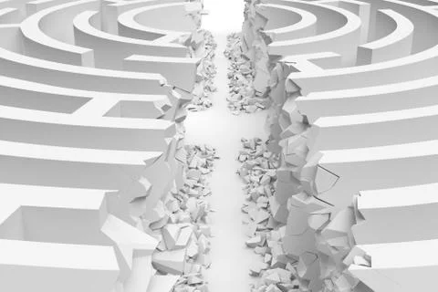 3d rendering of a white round maze with its walls broken by a straight line of Stock Illustration