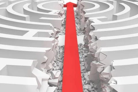 3d rendering of a white round maze in side view divided in half by a red arrow Stock Illustration