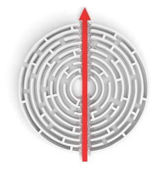 3d rendering of a white round maze in side view divided in half by a red arrow Stock Illustration