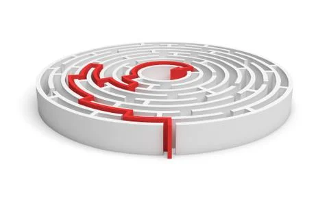 3d rendering of a white round maze with a red arrowed line showing the way out Ilustración de archivo