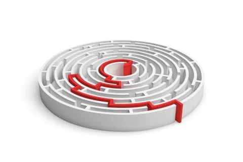 3d rendering of a white round maze with a red arrowed line showing the way out Stock Illustration