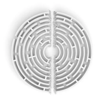 3d rendering of a white round maze with its walls broken by a straight line of Stock Illustration