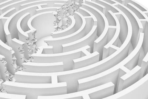 3d rendering of a white round maze with its walls broken by a straight line of 스톡 일러스트