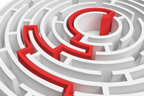 3d rendering of a white round maze with a red arrowed line showing the way out Stock-Illustration