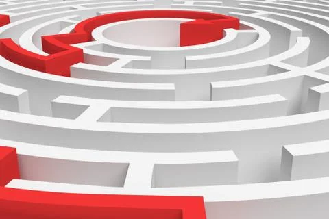 3d rendering of a white round maze with a red arrowed line showing the way out Ilustración de archivo