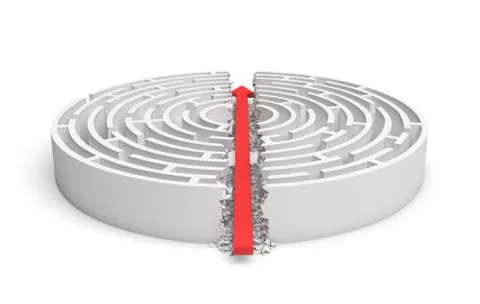 3d rendering of a white round maze in side view divided in half by a red arrow Stock Illustration