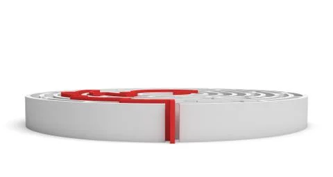 3d rendering of a white round maze with a red arrowed line showing the way out Stock Illustration
