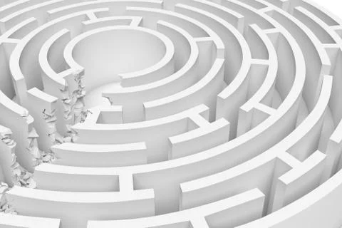 3d rendering of a white round maze with a direct route cut right to the center Stock Illustration