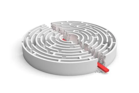 3d rendering of a white round maze in side view divided in half by a red arrow Stock Illustration
