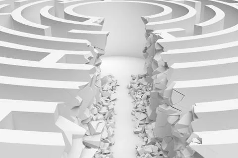 3d rendering of a white round maze with a direct route cut right to the center Ilustración de archivo
