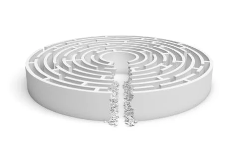 3d rendering of a white round maze with a direct route cut right to the center Stock Illustration