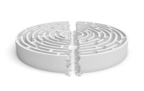 3d rendering of a white round maze with its walls broken by a straight line of Stock Illustration