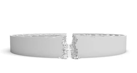 3d rendering of a white round maze with its walls broken by a straight line of Stock Illustration