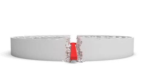 3d rendering of a white round maze in side view divided in half by a red arrow Illustration