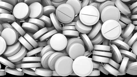 3D rendering of white round pills on a black background. Computer graphics of Stock-Illustration