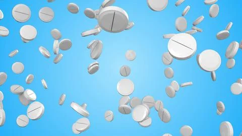 3D rendering of white round pills falling on a blue background. Computer Stock Illustration