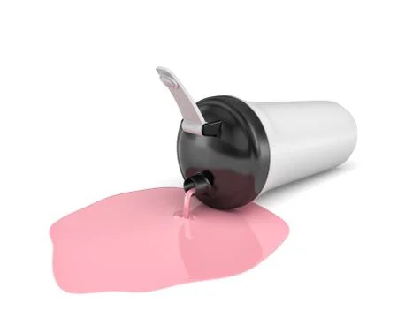 3d rendering of a white shaker with a black cap lying on its side and leaking Stock Illustration