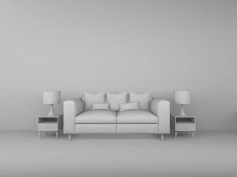 3D Rendering white Sofa, white wall, Bedside tables, illustration Stock Illustration