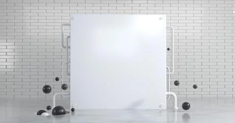 3d rendering of white square and brick wall. Stock Illustration