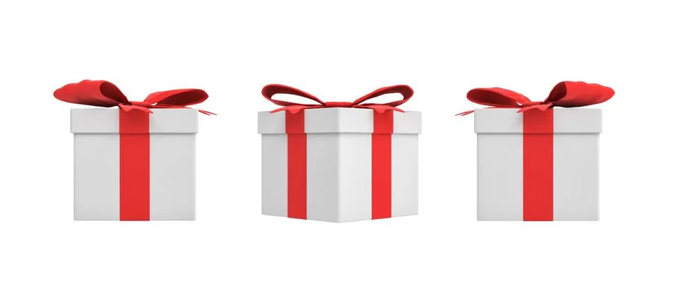 3d rendering of a white square gift box with a red ribbon bow in three different Stock Illustration