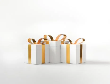 3D rendering white square gift box and metallic golden bow-ribbon concept  wh Stock Illustration